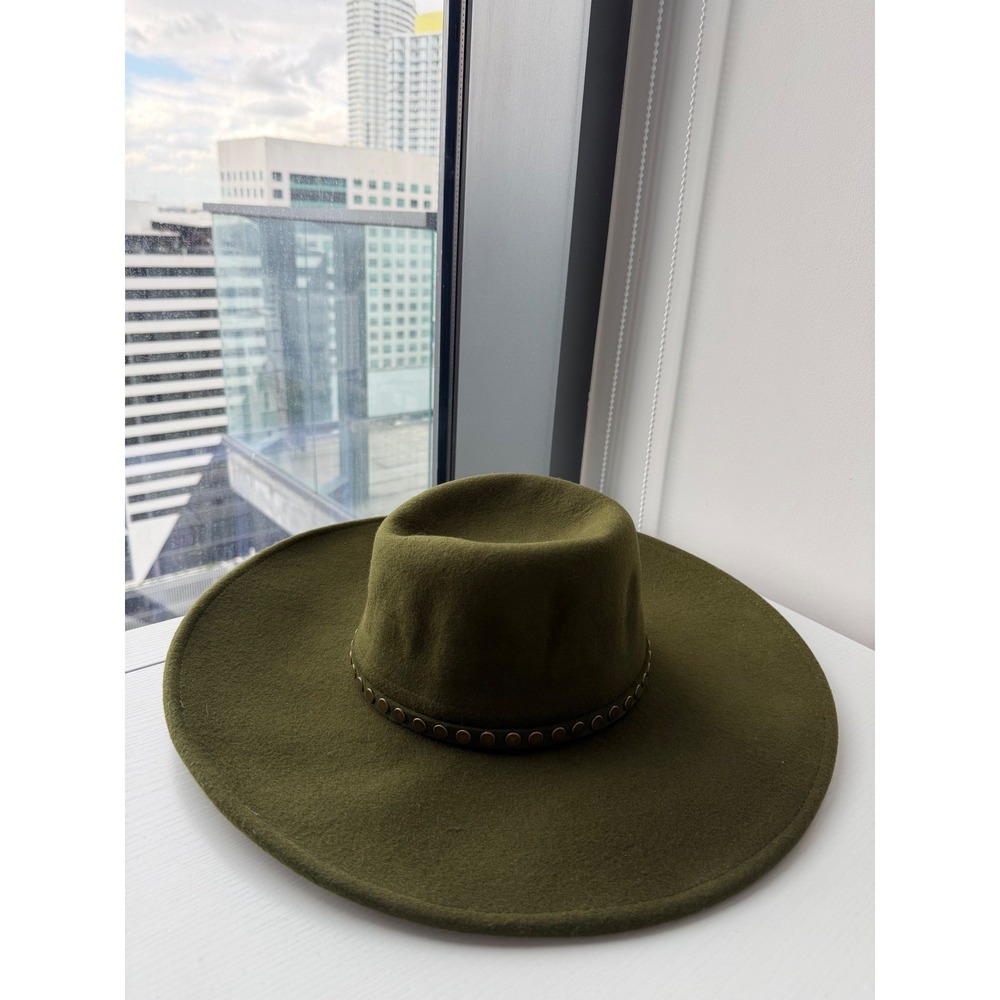 BCBGMAXAZRIA Dusty Olive Wool Wide Brim Studded Hat NEW